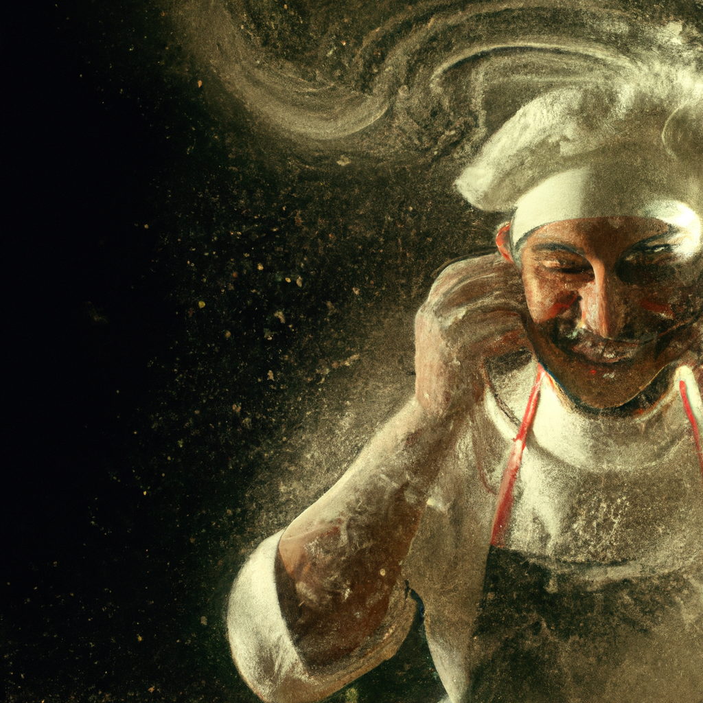 Head chef portrait in kitchen with flour dust, AI-generated