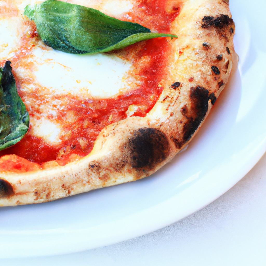 Stone-baked classic pizza on minimal white plate with basil and olive oil, high contrast, soft shadows